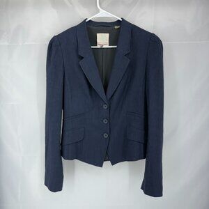 Rebecca Taylor Women 10 Linen Blazer Jacket Cropped Navy Blue Long Sleeve Button